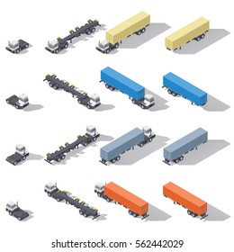 Terminal tractor with semi-trailer and container rotated in four directions isometric icon set, vector graphic illustration