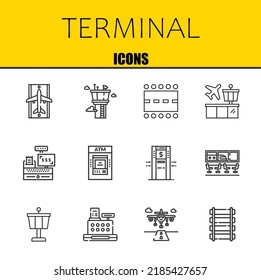 conjunto de iconos de línea de vector terminal. pista de aterrizaje, torre de control e iconos de pista. Diseño delgado de línea. Elementos gráficos de contorno modernos, símbolos de trazo simple ilustración de fondo