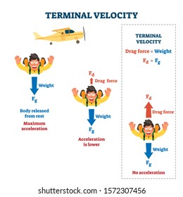 Terminal velocity vector illustration. Labeled falling speed explanation. Mathematical skydiving formula law with weight, acceleration and drag force in mid air jump. Motion measurement infographic.