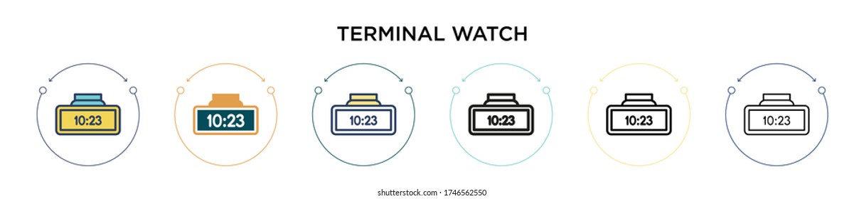 Terminal watch icon in filled, thin line, outline and stroke style. Vector illustration of two colored and black terminal watch vector icons designs can be used for mobile, ui, web