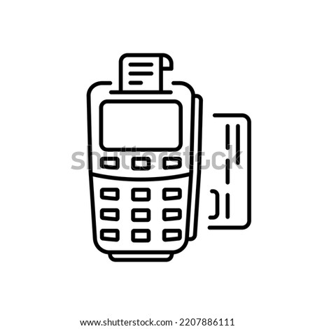 Terminal for Wireless Transaction NFC Technology Line Icon. Contactless Payment on POS with Credit Card Pictogram. Tap Bank Card to Pay Outline Icon. Editable Stroke. Isolated Vector Illustration.