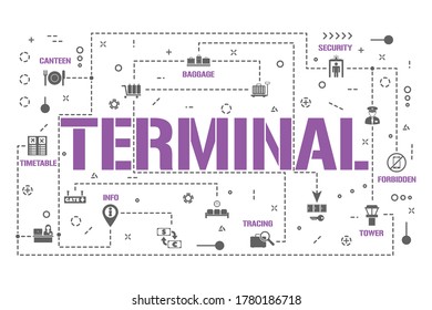 Terminal word concepts banner. Airport service for passengers. Airline flight infographics. Presentation, website. UI UX idea. Isolated lettering typography with glyph icons. Vector flat illustration