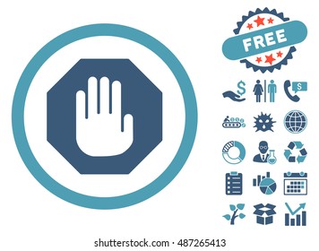 Terminate icon with free bonus elements. Vector illustration style is flat iconic bicolor symbols, cyan and blue colors, white background.