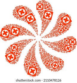 Terminate icon rotation cluster flower fireworks composition. Rotation whirlpool composed using scattered terminate items.