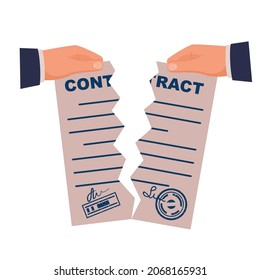 Terminated contract. Businessman tearing contract hands. Vector illustration flat design. Isolated on background. Concept of disagreement. Business documents. End deal.