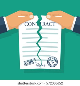 Terminated contract. Businessman tearing contract hands. Vector illustration flat design. Isolated on background. Concept of disagreement. Business documents. End deal.