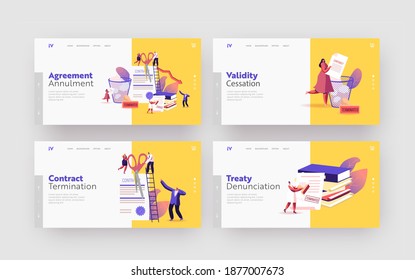 Terminated Contract Landing Page Template Set. Tiny Characters Tear Huge Document with Scattered Paper and Litter Bin. Woman with Stamp, Drop Arrow Graph, Crisis. Cartoon People Vector Illustration