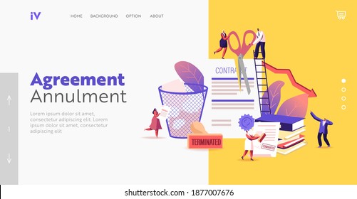 Terminated Contract Landing Page Template. Tiny Characters Tear Huge Document With Scattered Paper Sheets And Litter Bin. Woman With Stamp, Drop Arrow Graph, Crisis. Cartoon People Vector Illustration