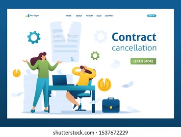 Termination of the contract, broke the agreement partners, business lady in shock. Flat 2D character. Landing page concepts and web design