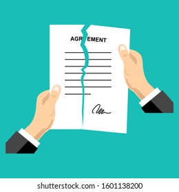 Termination of contract. Businessman tore documents. Cancellation of agreement. Vector illustration
