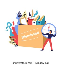 Termination of employment, forced resignation, dismissed, fired person collecting his staff, belongings into the box to leave office, surrounded by colorful floral greenery, foliage, graphic flat conc