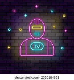 Terminator, robot icon , neon on wall. Dark background brick wall neon icon.