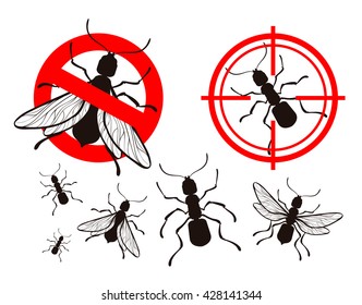 termite or ant. pest control icons set. vector insects. prohibitory sign and a target