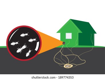 Termite attacks home from underground. Editable Clip Art.