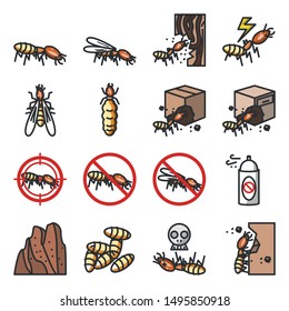 Termite Icon Set, Insecticide Icon, Termites Eat Wood Illustration, Insect Vector Color Outline