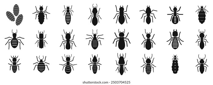Termite icons set. This set features various species of termites in black silhouette, highlighting their unique anatomical features