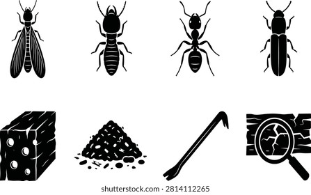 Termite infestation and pest control icon set featuring black silhouettes of wood boring insects damage signs and inspection tools.