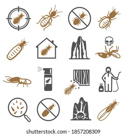 Termites, desinfector bold black silhouette and line icons set isolated on white. Pest control service, insect pictograms collection. Extermination, damage house vector elements for infographic, web.