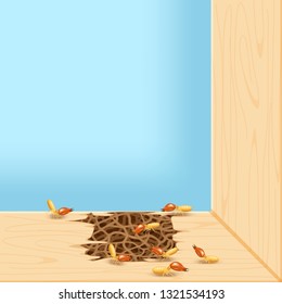 termites at window, termite nest at wooden wall, nest termite at wood decay the door sill architrave, nest termite background and copy space, damaged wooden window door by eaten termite or white ant