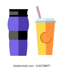 Termo cup and pepper cup with orange slice icon logo. Straw. Vector illustration isolated on white background