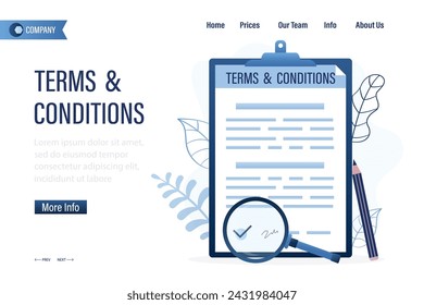 Terms and condition, landing web page template. Agreement with signature. Paper sheet, magnifier and pencil. Contract, deal. Flat vector illustration