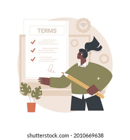 Terms and conditions abstract concept vector illustration. Legal notice, user terms and conditions, website menu bar, web element, information page, registration process, accept abstract metaphor.