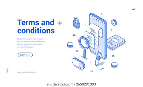 Termos e condições acordo forma legal aplicativo móvel esboço isométrico internet banner design modelo vetor ilustração. Página inicial do contrato digital de informações de direito do documento do contrato de aprovação