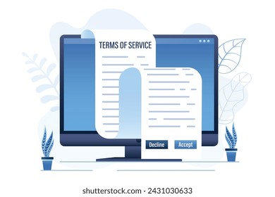 Terms and conditions, agreement on monitor screen. Long paper sheet, digital contract. Terms of software or app. Internet technology. Flat vector illustration