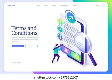 Terms and conditions banner. Business documents for law compliance, agreements and contracts. Vector landing page of rules and terms of service with isometric man and online document