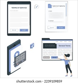 Terms and conditions banner set. Business documents for law compliance, agreements and contracts. rules and terms of service with isometric man and online document. terms and condition agreement sets