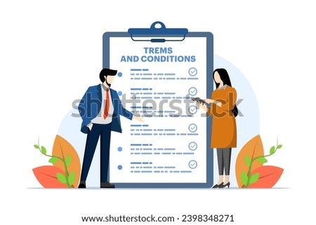 Terms and conditions concept, Businessman reading list of regulatory rules and standards, Privacy policy, Legal notice, Company policy, Company law, Business ethics, flat vector illustration.