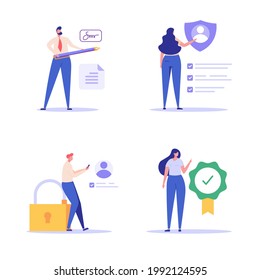Terms and conditions concept. Characters set. People sign and check document, protect personal data. Concept of account security, privacy policy, user agreement. Vector illustration in flat design