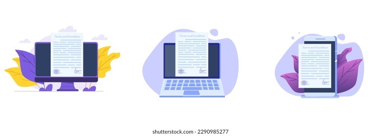 Terms And Conditions concept.  Document paper, contract. Vector illustration in flat style.