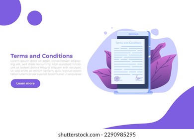 Terms And Conditions concept.  Document paper, contract. Vector illustration in flat style.