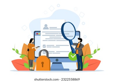 Terms and conditions concept. People sign documents, protect personal data, check documents. Concept of account security, privacy policy, user consent. Vector illustration in flat design.