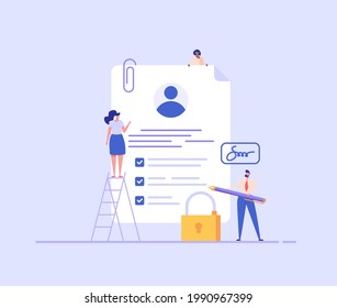 Terms and conditions concept. People signing document, protecting personal data, checking documents. Concept of account security, privacy policy, user agreement. Vector illustration in flat design