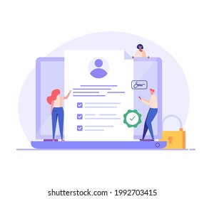 Terms and conditions concept. People signing document, protecting personal data, checking documents. Concept of account security, privacy policy, user agreement. Vector illustration in flat design