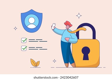 Concepto de términos y condiciones. Protección de datos personales, verificación de documentos. Seguridad de cuenta, política de privacidad, acuerdo de usuario. Hombre leyendo el documento por teléfono. Ilustración vectorial en diseño plano