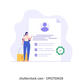 Terms and conditions concept. Woman reading document, protecting personal data, checking documents. Concept of account security, privacy policy, user agreement. Vector illustration in flat design