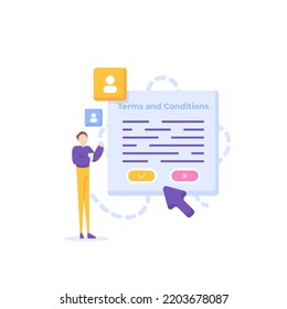 terms and conditions, customer approval, options. legal agreement between service provider and service user. a user chooses to reject the terms or accept the terms. illustration concept design