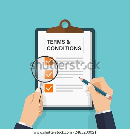 Terms and conditions document with businessman reading checklist of rules and regulation standards, Privacy policy, Legal notice, Company policy, Corporate law, Business ethics