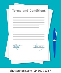 Terms and conditions document papers and pen top view. Vector legal agreement outlining rights, responsibilities and limitations. Business contract sheet with a sign, specifies privacy or resolution