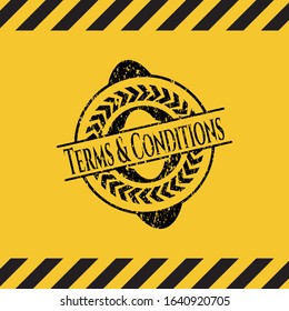 Terms & Conditions grunge black emblem with yellow background, warning sign. Vector Illustration. Detailed.