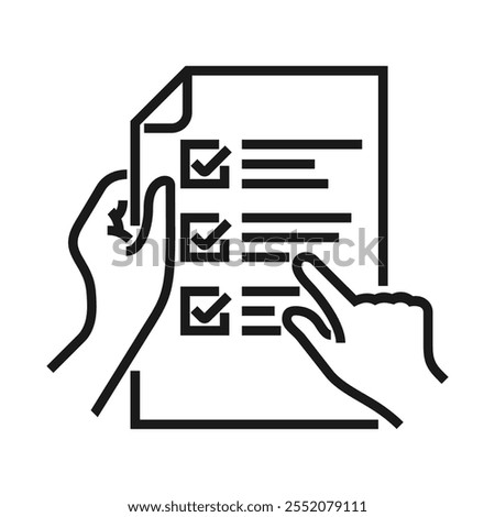 Terms and Conditions icon in bold line - Please read the license agreement - hands holding business paper with check list - human readung contract concept