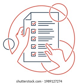 Terms and Conditions icon - Please read the license agreement - hands holding business paper with check list - human readung contract concept. Vector illustration