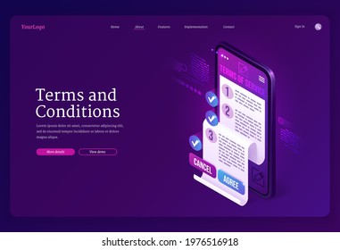 Terms and conditions isometric landing page. Business contract signing concept with document on smartphone screen, cancel and agree buttons. User agreement, legal notice service, 3d Vector web banner