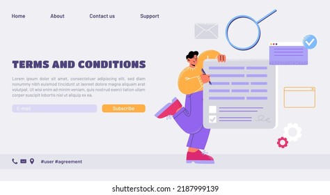 Página de inicio de los términos y condiciones. Seguridad de la cuenta, política de privacidad, concepto de negocio de acuerdos de usuario. Documento de firma de hombre, cumplimiento de la ley, norma de control de calidad Banner web de tipo de pantalla plana de arte de línea vectorial