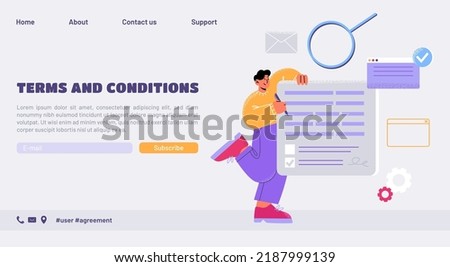 Terms and conditions landing page. Account security, privacy policy, user agreement business concept. Man signing document, law compliance, standard for quality control Line art flat vector web banner