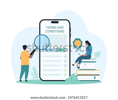 Terms and conditions online research. Tiny people study with magnifying glass business documents for law compliance, agreements and contracts on mobile phone screen cartoon vector illustration