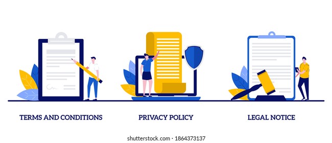 Terms and conditions, privacy policy, legal notice concept with character. Business contract signing abstract vector illustration set. Corporate document, agreement checking, data protection metaphor.